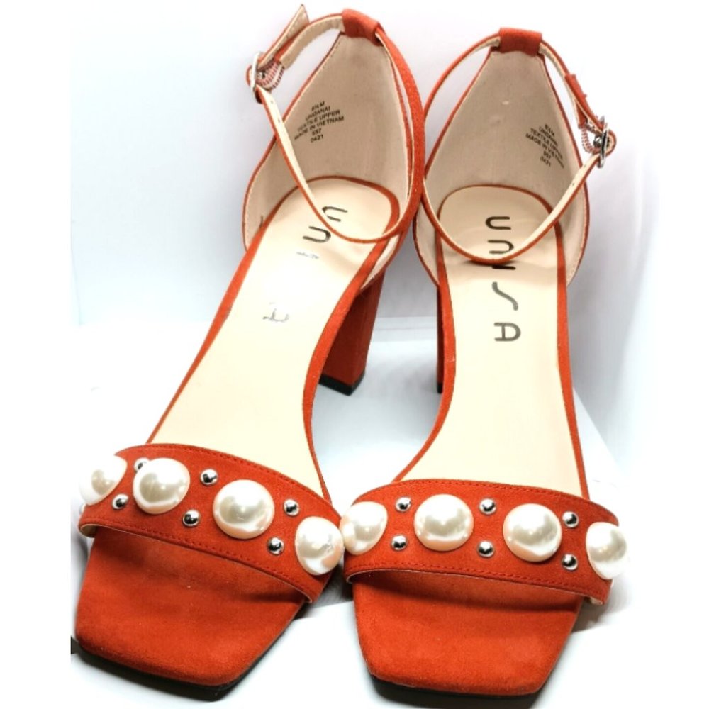 Unisa Red Shoes Open Toe with Faux Pearls and Studs Size 8.5